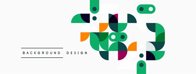 Abstract geometric shapes, vibrant colors, modern design. Background features overlapping circles, squares, rectangles. Clean aesthetic.