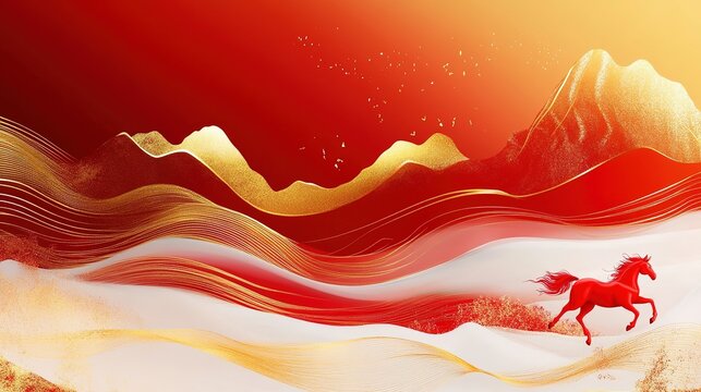 Lunar New Year illustration with gold gradient mountains, flowing snow and red running horse in minimalist Chinese art style
