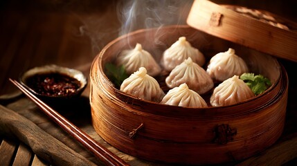 Steaming Dumplings in Bamboo Steamer with Soy Sauce, Asian Cuisine