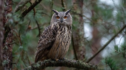 Majestic Long-Eared Owl Perched on Pine Branch in Forest
