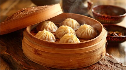 Traditional Steamed Dumplings in Bamboo Basket, Asian Cuisine, Delicious Meal
