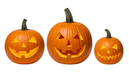 Three carved jack o lanterns with glowing faces isolated on a transparent background pumpkins carved pumpkins