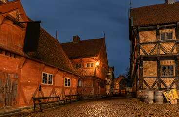 16-12-2025 - Denmark, Aarhus. Here The old town in aarhus. with cobbled streets and half-timbered houses