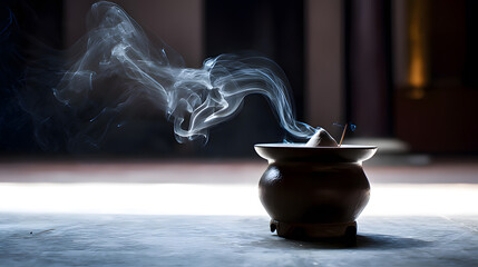 soliloquy. White smoke rising from a simple ceramic incense burner in soft indoor light. event programs, museum guides, designed for cultural heritage projects and event programs, supports education.