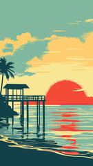 Fototapeta premium Long Beach Phu Quoc sunset over calm sea with wooden pier and palm trees vintage WPA poster style minimalist vector illustration