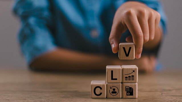 CLV Customer Lifetime Value concept. Increasing CLV marketing strategy planning, optimizing CLV to improve bottom line and create more loyal and valuable customers. Efforts to increase profitability.