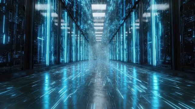 Futuristic data center with rows of server racks and bright blue neon lights.