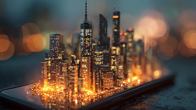 smartphone screen glowing with miniature city skyline, surreal futuristic lifestyle stock
