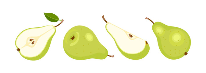Green pear set. Fresh pear whole, half and slice. Vector cartoon flat illustration. Fruit icon. 