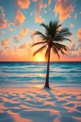 Sunset over turquoise ocean and palm tree on beach