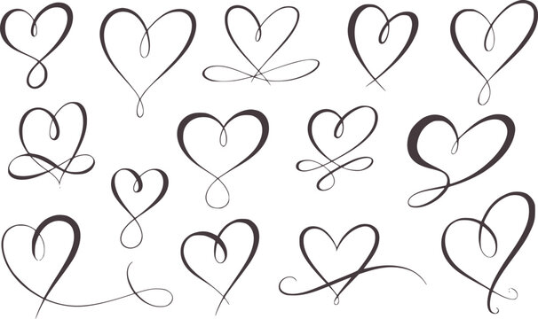Fifteen delicate black ink stylized heart doodles white