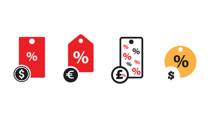 Discount tags with currency symbols and percentages
