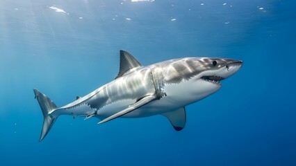 Fototapeta premium Majestic great white shark swims powerfully through sunlit deep blue ocean water near the surface