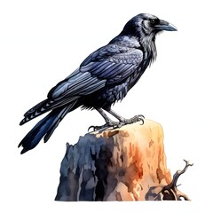Obraz premium Raven perches majestically on a weathered tree stump illustration