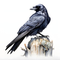 Obraz premium Elegant raven perched on an old weathered tree stump illustration