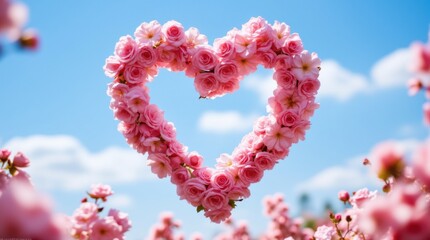 Naklejka premium blooming pink roses in shape of a heart in the blue sky. Love or valentine concept 
