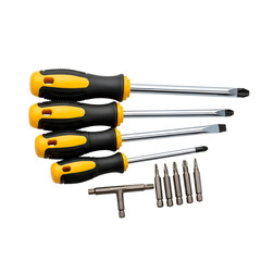 Screwdriver set with various sizes and interchangeable bits on white background  