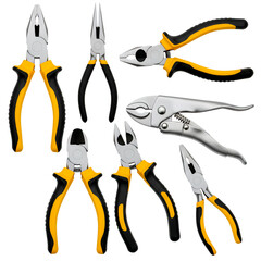 Collection of various pliers on white background for repair tools  