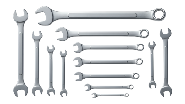 Set of wrenches arranged in various sizes on white background for Repair tools   - Powered by Adobe