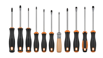 Set of screwdrivers with black and orange handles on white background  
