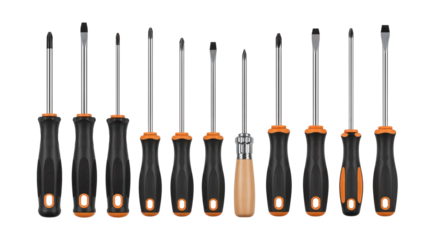 Set of screwdrivers with black and orange handles on white background  