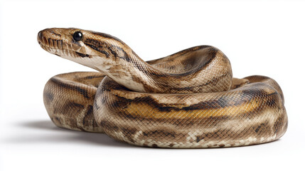 Fototapeta premium A detailed studio shot of a brown patterned python, coiled gracefully against a clean white backdrop. Textured scales and calm posture convey natural elegance and wildlife fascination.