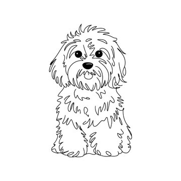 Fluffy Dog Sitting Portrait Line Art Illustration Cute Pet Animal