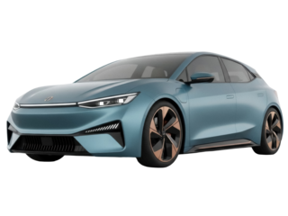 Isolated modern blue electric car parked outdoors for sale or lease, future technology design