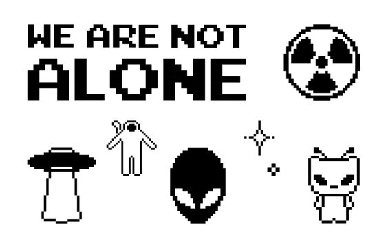 Black illustration with retro sci-fi symbols and text &ldquo;We Are Not Alone&rdquo;. Pixel art style. Alien icons, UFO, radiation sign on white background with deep contrast, minimal futuristic poster