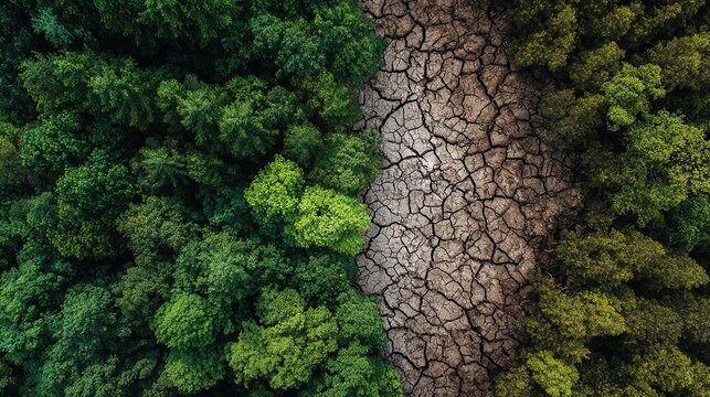 Aerial View of Lush Green Forest Adjacent to Dry, Cracked Earth