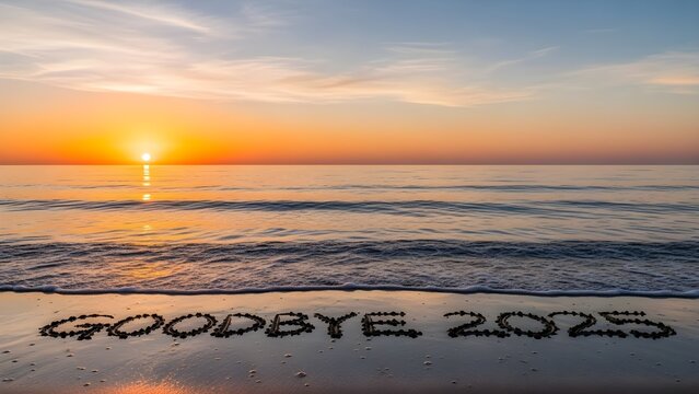 Goodbye 2025 beach message at sunset - Farewell 2025, Welcome 2026