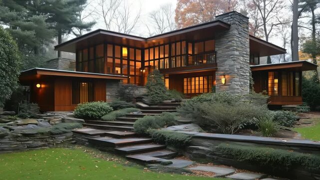 A contemporary architectural house with large glass windows, stone accents, and landscaped gardens