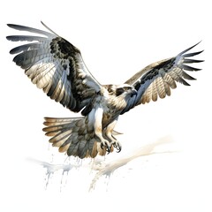 Fototapeta premium Detailed illustration of an osprey hovering over a body of water with wings fully extended