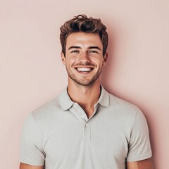 Fototapeta premium Smiling young man portrait, casual white polo shirt on beige background. Friendly male headshot for lifestyle and branding