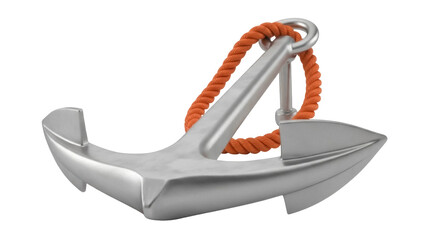 Isolated silvery sea anchor with orange rope is nautical marine object on blank studio background