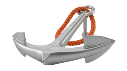 Isolated silvery sea anchor with orange rope is nautical marine object on blank studio background