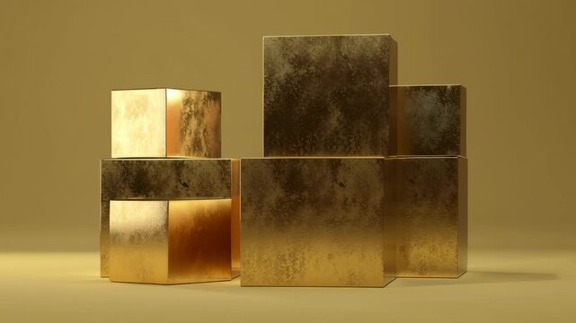 A stack of gold cubes arranged in a pyramid shape. The cubes are shiny and metallic. Enduring gold wealth concept, refined minimal geometry, stable visual tone, gold financial resilience