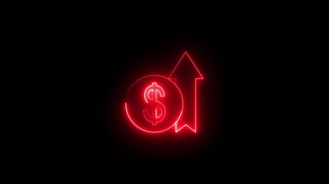 Neon Glowing Upward Arrow with Dollar Coin Icon Animation on Black Background, Looping Cost Increase and Financial Upswing Symbol for Expense Growth, Inflation, Budget Impact, Business Finance UI