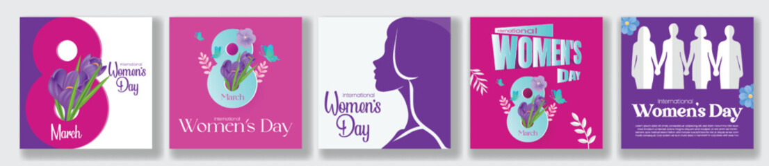Women’s Day Celebration Social Media Posts Ads Set for 8 March Square Flyer Posters and Web Banners bundle Floral Vector Background Female Face Silhouette Designs collections