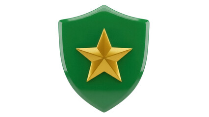 Isolated golden star on green shield, military decoration, insignia, heraldry symbol, award
