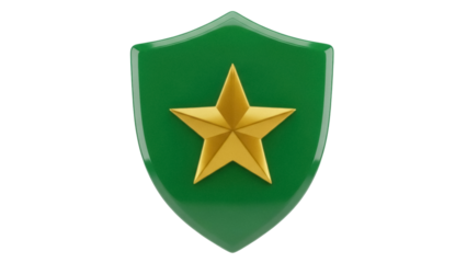 Isolated golden star on green shield, military decoration, insignia, heraldry symbol, award