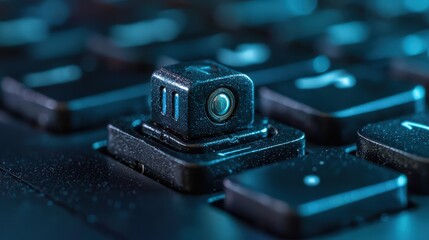 A close up of a keyboard with a small camera on the top right. The camera is black and silver and is placed on a key. Concept of curiosity and intrigue