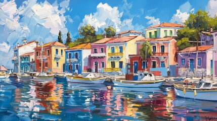 Obraz premium Beautiful village in the Mediterranean hills, oil painting illustration