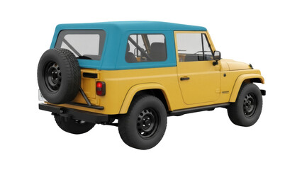 Isolated yellow off-road vehicle with spare tire on the back, parked, studio shot, no shadows © Corman