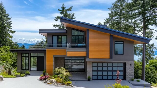 Contemporary two-story house with slanted roof, large windows, and wooden facade, surrounded by trees and a clear blue sky.