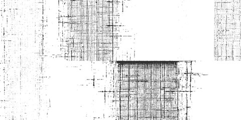 Black and white abstract grid pattern with distressed texture and scattered dots background