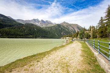 View of the Ceresole lake in Ceresole Reale, province of Turin, Piedmont, Italy