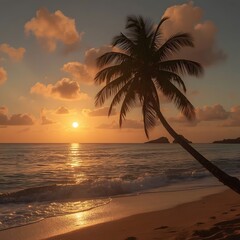Tropical beach at sunset with palm tree realistic textures and glowing sea reflection