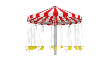 Isolated carnival swing ride with red and white striped canopy for amusement parks