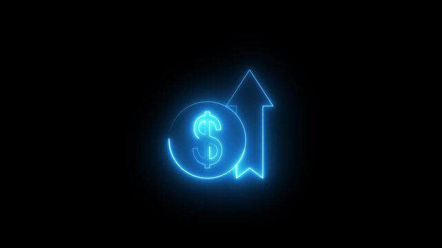 Neon Glowing Upward Arrow with Dollar Coin Icon Animation on Black Background, Looping Cost Increase and Financial Upswing Symbol for Expense Growth, Inflation, Budget Impact, Business Finance UI